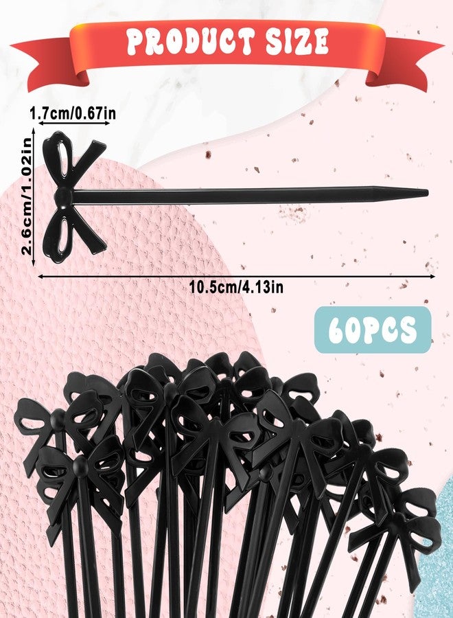BOHUIZ 60 Pcs Black Cocktail Picks, Black Bow Decor Cupcake Toppers Fruit Fork Drink Stirrers Bow Design Party Food Sticks Dessert Picks for Cocktail Appetizers Drinks Party Fruit - Image 2